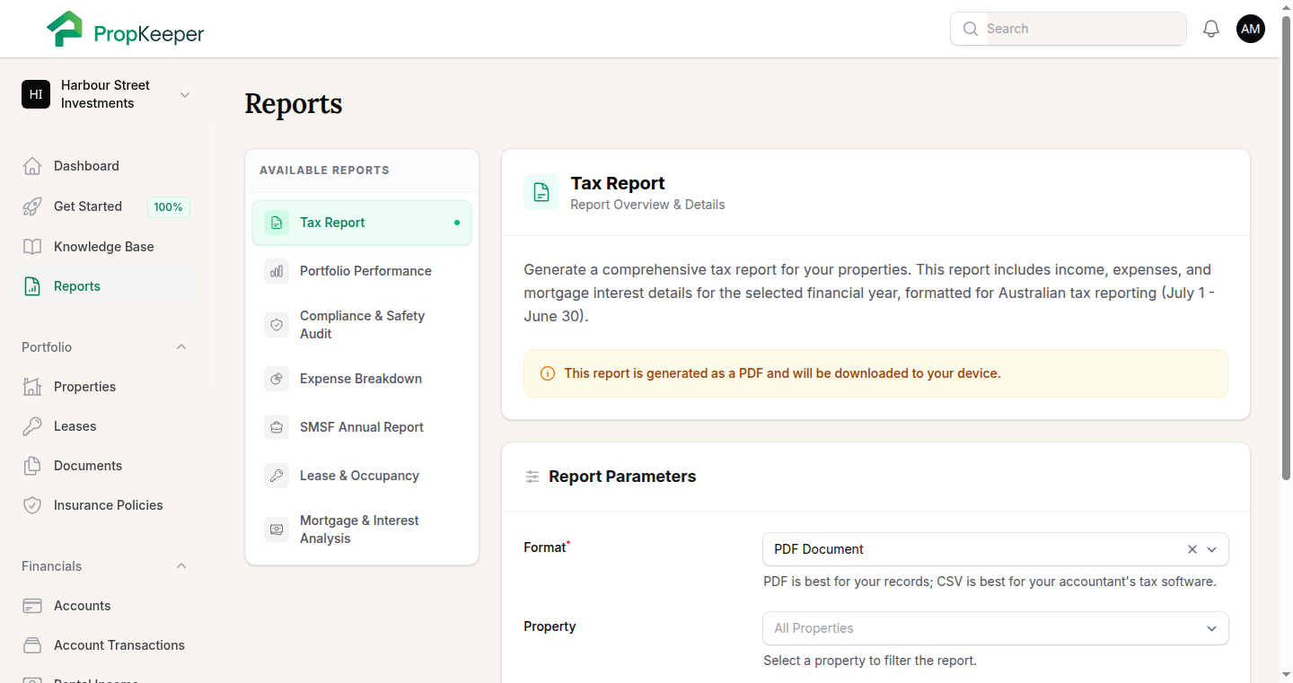 Reports page listing tax, portfolio performance, compliance audit and SMSF reports
